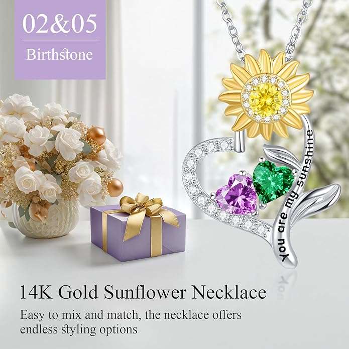PERJI Valentine's Day Gifts for Women - 925 Sterling Silver Double Birthstone Sunflower Necklace, Anniversary Birthday Jewelry You are My Sunshine Gifts for Wife Couple Girlfriend 18"+2" Non Tarnish