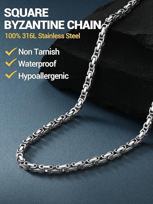 PROSTEEL 4MM/6MM/8MM Stainless Steel Necklace for Men Women, Stylish and Cool, Byzantine Chain Black Gold Silver Tone, 18-30 Inches, Come Gift Box