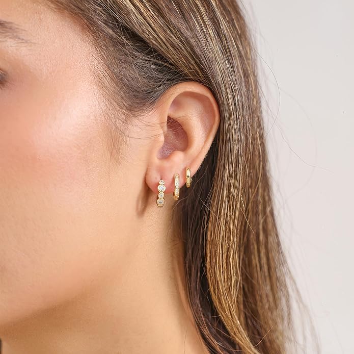 3Pairs Small Gold Huggie Hoop Earrings for Women,Romantic heart,Twisted braid two colors,3 CZ Hoop,5 Round Zircon Sport Hoops Earrings Set,14K Gold Filled Silver Hypoallergenic Earring Excellent gift