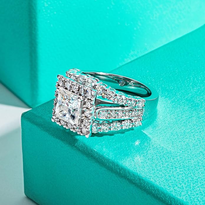 AnuClub Princess/Cushion/Oval Cut Moissanite Engagement Rings 3-3.884cttw D Color VVS1 925 Sterling Silver 3 Rows Vintage Halo Wedding Promise Statement Rings for Women with Certificate