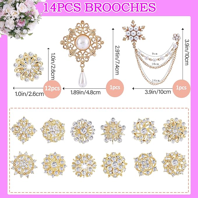 Yhsheen Gold Rhinestone Brooches Pin Kits Crystal Pearl Brooches for Bouquets for Wedding Decoration Accessories Jewelry Making Crafts(Gold-14PCS)-A