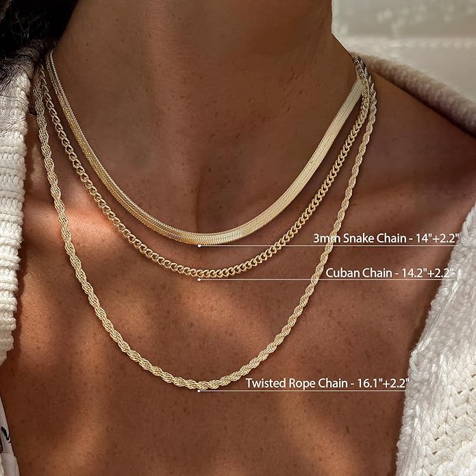 Layered Necklaces for Women, Dainty 14K Gold Plated Herringbone Chain Necklace Set Chunky Gold Necklace Stack Layering Choker Necklaces for Women Trendy Fashion Waterproof Jewelry