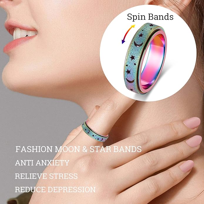 AmorArtSky Anxiety Ring for Women Men, Titanium Stainless Steel Spinner Ring, 5 Colors, 6MM, Size 6-10, 3 Styles Anxiety Ring-Moon Star, Sandblasted Finished, Hollow Outer