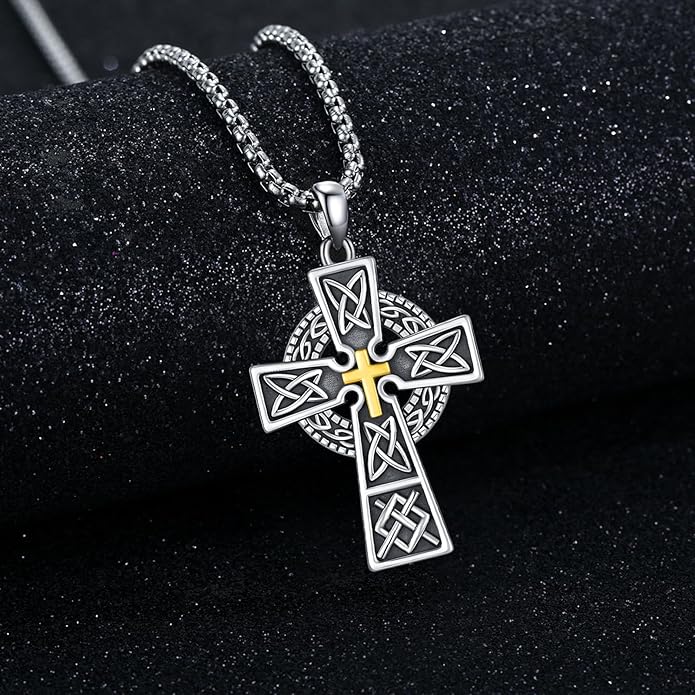 Midir&Etain Celtic Cross Necklace 925 Sterling Silver Cross Pendant Necklace Celtic Viking Irish Jewelry Religious Protective Gift for Men Women