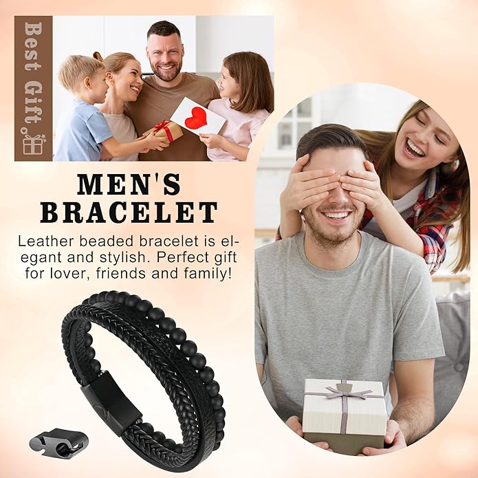 Gifts for Men - Layered Leather Beads Bracelet, Tiger Eye Lava Rock Stone Braided Leather Bracelets for Men Adjustable Magnetic Clasp Birthday Gifts