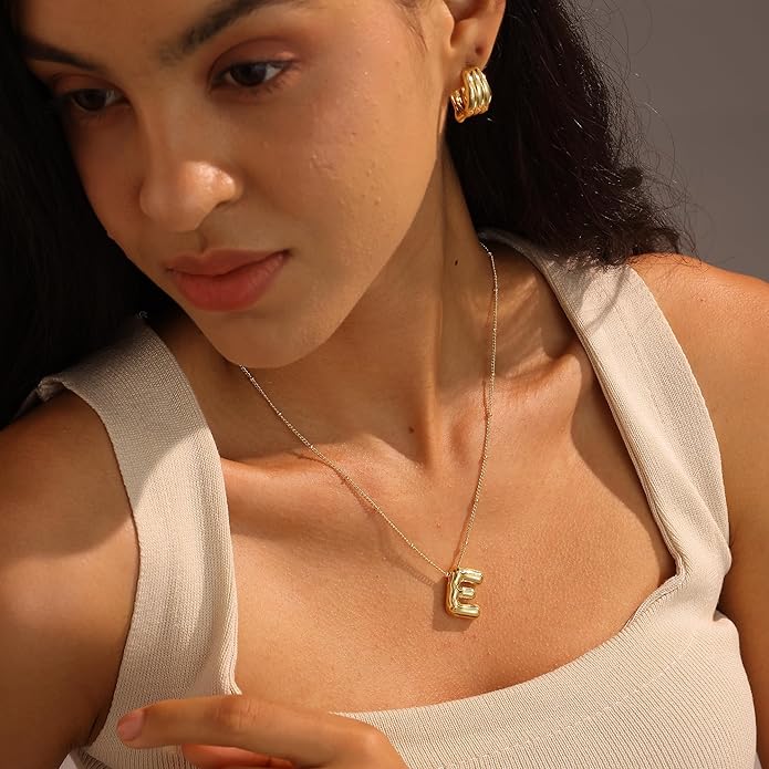 Initial Necklaces for Women, 14k Gold Plated Bubble Letter Necklace Chunky Gold Necklace Dainty Charm Initial Necklaces for Women Trendy Custom Preppy Stocking Stuff Necklace Christmas Gifts