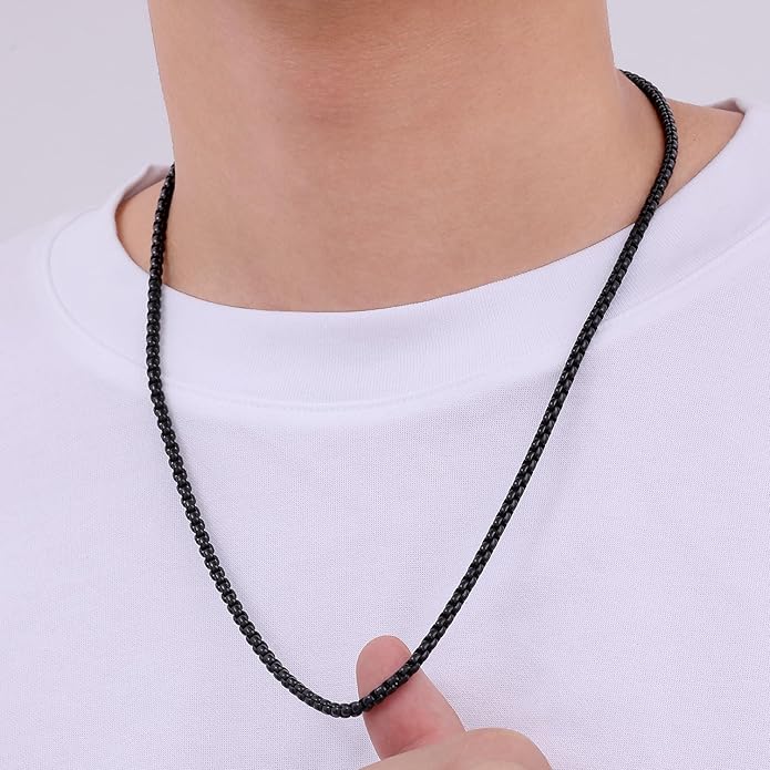 Fiusem Box Chain for Men, Silver Tone/14K Gold Plated/Black Stainless Steel Necklace for Men and Women, Width 2/2.5/3/4/5mm, Length 18-28 Inches