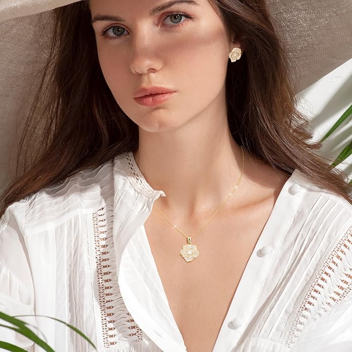 Rose Flower Earring Necklace Set - 14k Gold Plated Hypoallergenic Jewelry Sets For Women, Trendy Cubic Zirconia Floral Hoop Earring Pendant Necklace Anniversary Birthday Gift for Her