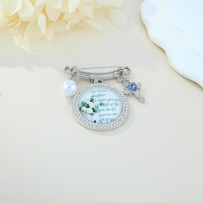 Wedding Bridal Pin, Something Blue Silver Crystal Brooch with Blue Heart Charm, Pearl Accent and Sentimental Message for Mother of Bride Gift