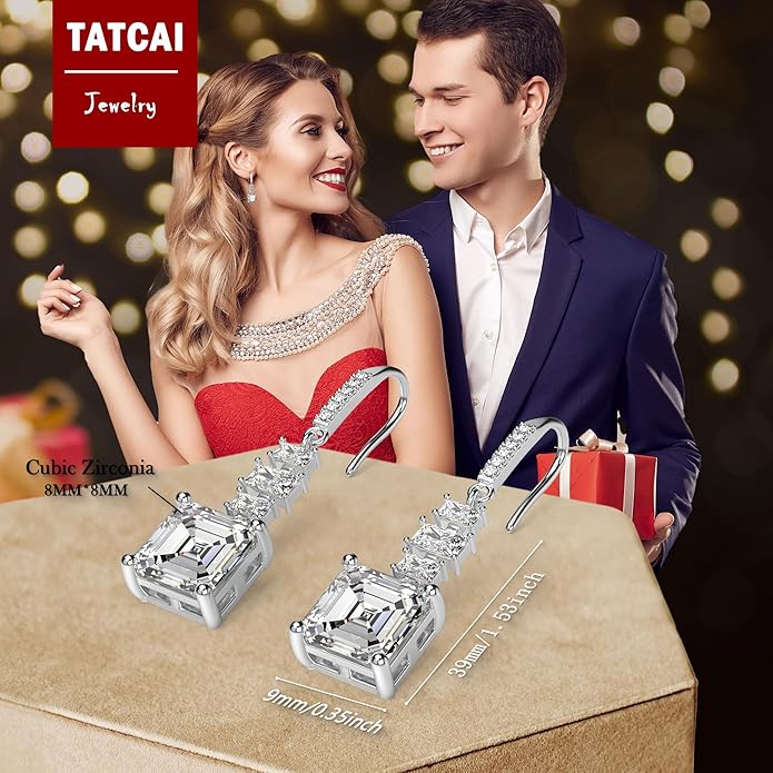 18K White Gold Plated Sterling Silver Asscher Cut Cubic Zirconia Dangle Earrings for Women Square CZ Diamond Drop Dangling Earrings for Women Mom