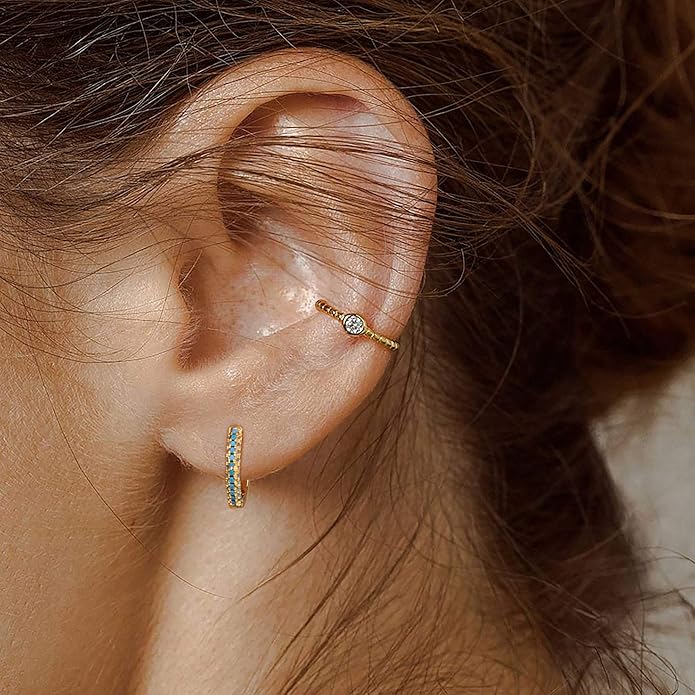 Gold Huggie Hoop Earrings 14K Gold Plated Dainty Chunky Thick Hoop Diamond Cubic Zriconia Inlay Sleeper Tiny Delicate Boho Beach Simple Hypoallergenic Jewelry Gift for Her
