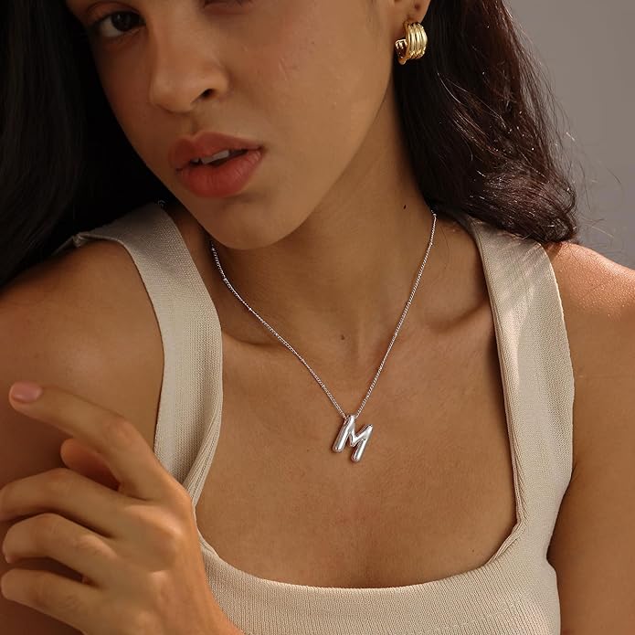 Initial Necklaces for Women, 14k Gold Plated Bubble Letter Necklace Chunky Gold Necklace Dainty Charm Initial Necklaces for Women Trendy Custom Preppy Stocking Stuff Necklace Christmas Gifts