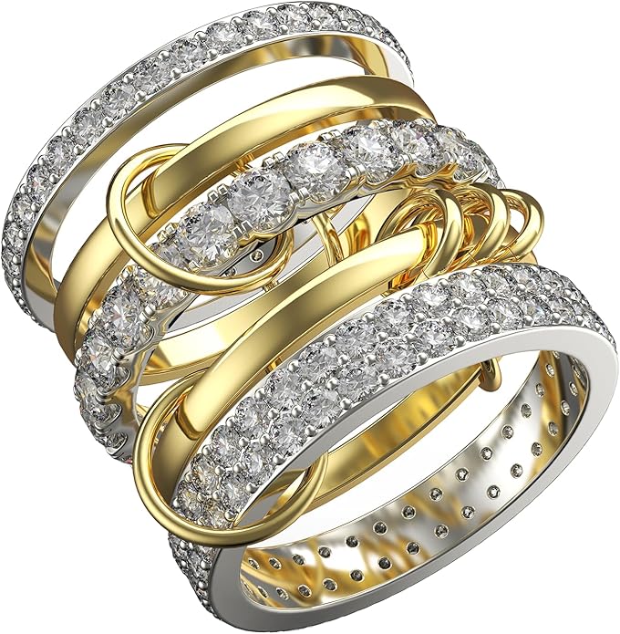 Stackable Rings For Women Non Tarnish,Two-Tone 18K Gold Silver Mixed Metals Interlocked Ring, Cubic Double-Layer Zirconia Interlocked Fashion Accessories Jewelry, Special Statement Ring Set Gifts For Women