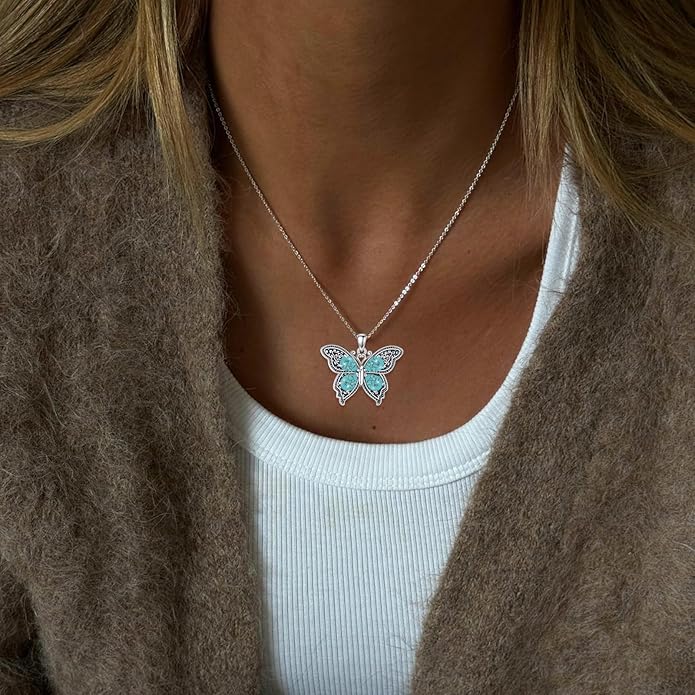 Turquoise Butterfly Necklace for Women, Sterling Silver Vintage Filigree Dainty Pendant Boho Jewelry, Ideal Birthday Valentine's Gift