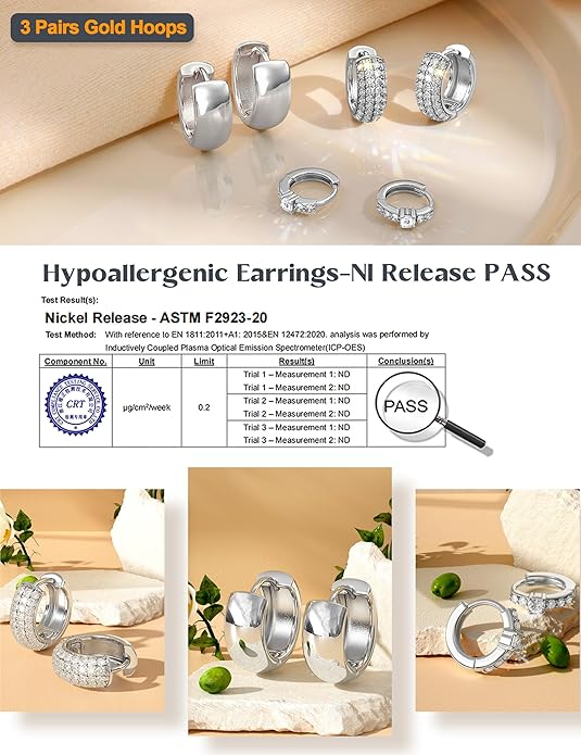 LOLIAS Small 14K Gold Plated Chunky Hoop Earrings for Women Hypoallergenic Silver Earrings Set for Sensitive Ears Non Tarnish Huggie Hoops Earring Stacks for Multiple Piercing Jewelry Lightweight 3Pairs