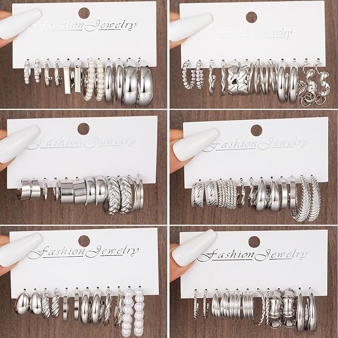 36 Pairs Gold Hoop Earrings Set for Women, Fashion Chunky Gold Hoop Earrings Multipack, Hypoallergenic Pearl Chain Twisted Statement Earring Pack for Birthday Party Jewelry