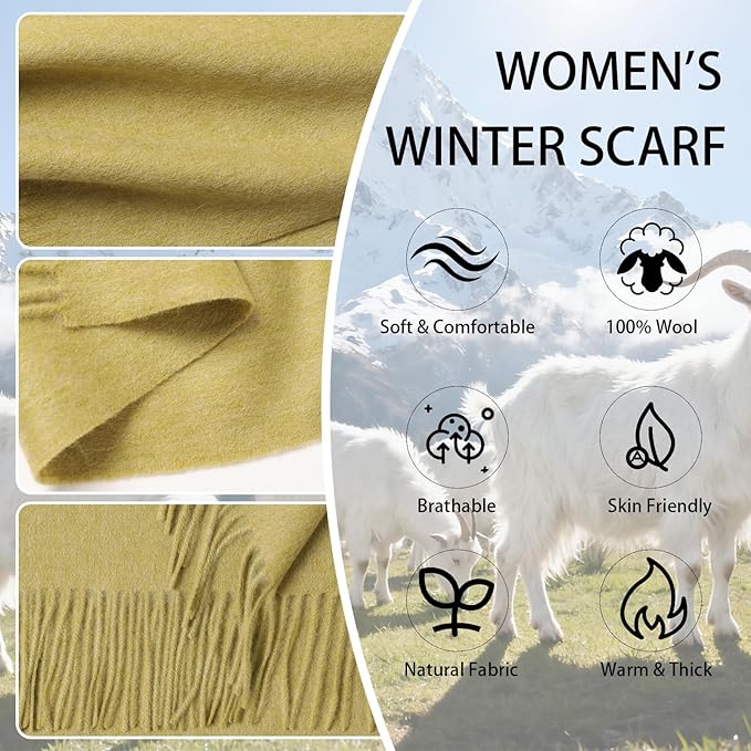 WASALUYA Wool Scarf for Women & Men, 100% Wool Scarves Wrap Shawl with Tassels, Elegant Soft Winter Scarf for Fall and Winter