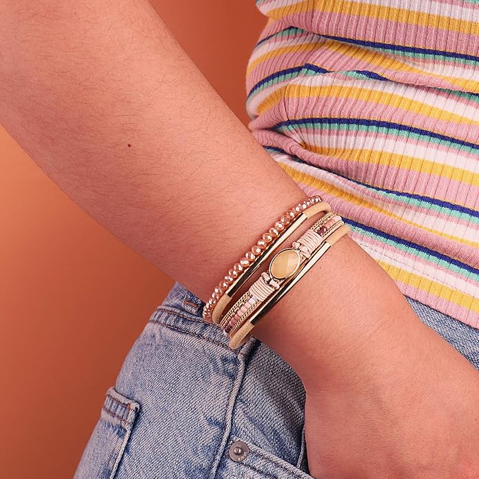 FANCY SHINY Leather Wrap Bracelets Crystal Beads Bracelet Boho Cuff Stone Charm Bracelets with Clasp Costume Jewelry for Women