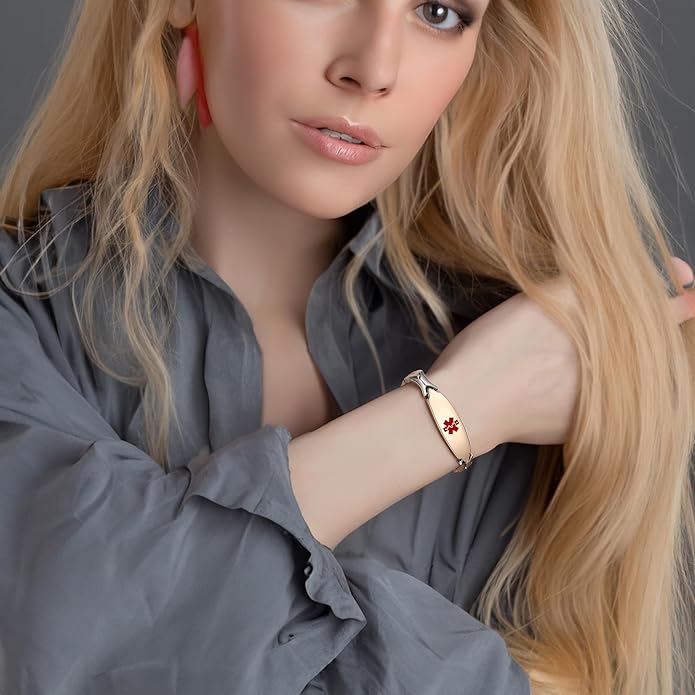 LinnaLove Fashion Shiny medical alert bracelet with Free Engraving Stainless steel Medical id bracelet for Women