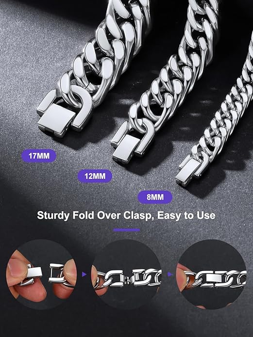 Richsteel Cuban Link Chain Bracelets 8/12/17mm Width Stainless Steel Chain Wrist Bracelets for Men, 7.4/8.2/9 Inch Length Classic Jewelry for Christmas/Valentine's Day/Birthday