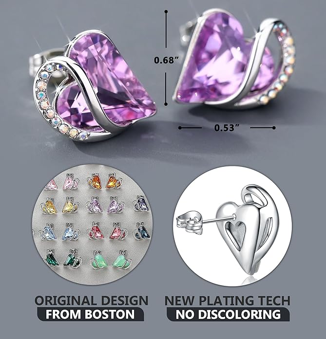 Earrings for Women, Mothers Day Gift for Mom, Heart Birthstone Crystal Stud Earring, Silver Plated Birthday Jewelry
