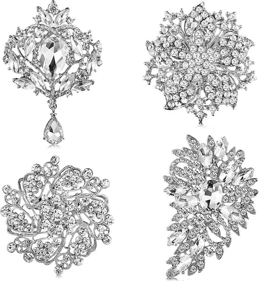 Geyoga 4 Pcs Women's Rhinestone Brooches Silver Brooch Jewelry Vintage Pins for Banquet Wedding Graduation Bridal Shower Gift Jewelry Supplies