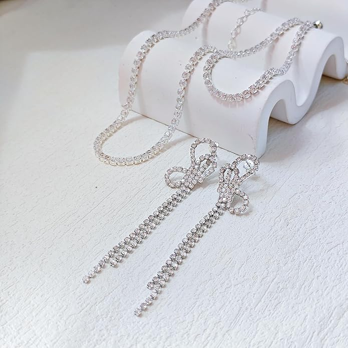 Tennis Necklace Bracelet for Women, Sterling Sliver, Dainty Chocker Necklace, Crystal Bracelet for Women, Wedding Jewelry for Bride, Sparkly Party Prom Hypoallergenic