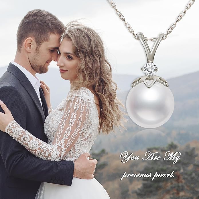 14K Gold Pearl Necklace for Women, 9mm White Freshwater Cultured Pearl Love Heart Pendant Necklace Jewelry Anniversary Present for Women, Girls 16+2 Inch