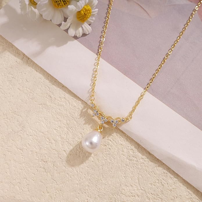 Pearl Necklace for Women Trendy,14k Gold Plated Necklace Dainty Wedding Necklace Small Cute Choker Necklace Beaded Lariat Drop Necklace Vintage Waterproof Jewelry for Women Gold Jewelry Fashion Gifts