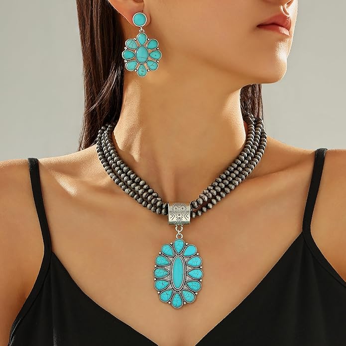 KLSURPRISE2 Western Jewelry Sets for Women – Turquoise Necklace and Earring Set Vintage Boho Cowgirl Accessories Country Jewelry Gift for Her