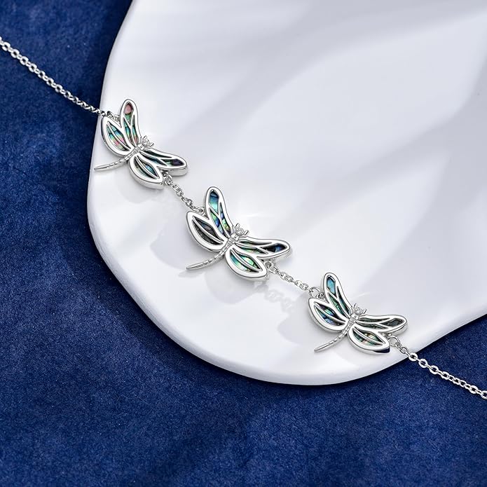 Dragonfly Abalone Bracelet 925 Sterling Silver, Adjustable Bohemian Bracelets, Genuine Abalone Shell Jewelry Birthday Gift for Her