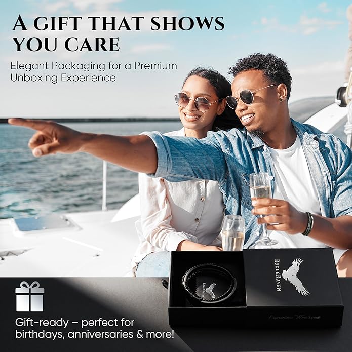 RogueRaven Black Leather Bracelet for Men – Premium Collection – Brown Black Gold Silver | Genuine Leather Mens Bracelet with Stainless Steel Clasp [Adjustable] | In Luxury Gift Box