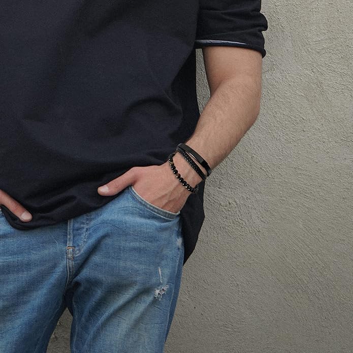 Mens Tiger Eye Matee Black Onyx Lava Rock Volcanic Stone Beaded Bracelet, Black Braided Leather Bracelet for Men