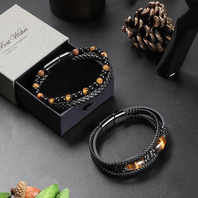 Tiger Eye Black Leather Bracelet Men Natural Tiger Eye Gemstone Crystal Stone Jewelry Handmade Courage And Stress Relief Protection Bracelet