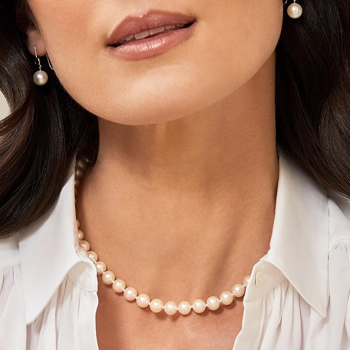 The Pearl Source Real Pearl Necklace for Women with AAA+ Quality Round White Freshwater Genuine Cultured Pearls | Pearl Strand with 14K Gold Plated Sterling Silver Clasp