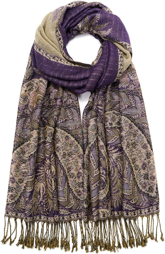QIUTIMIY Paisley Pashmina Shawl Wrap Women Reversible Vintage Jacquard Pashmina Rave Scarf with Fringe for Evening, Wedding