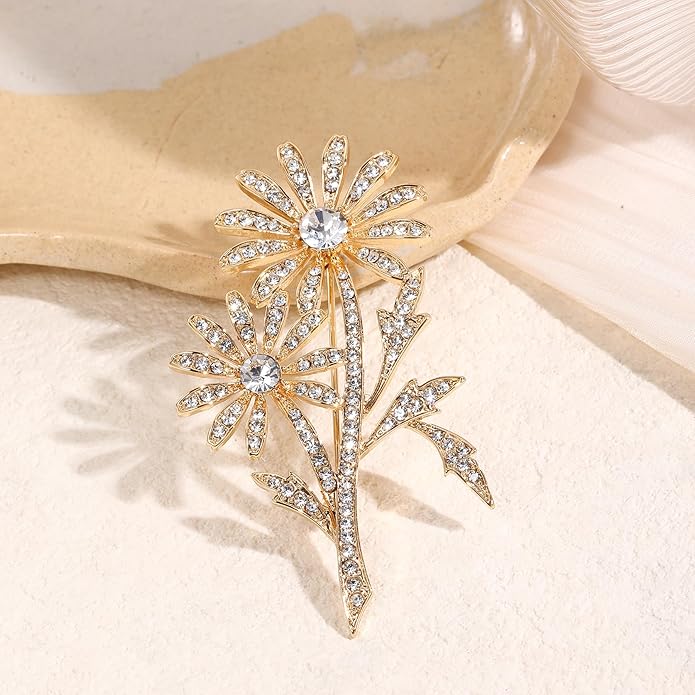DONABUS Crystal Brooch Vintage Floral Gold Pin Micro Pave Daisy/Tulip Rhinestone Embellishment for Women Holiday styles.
