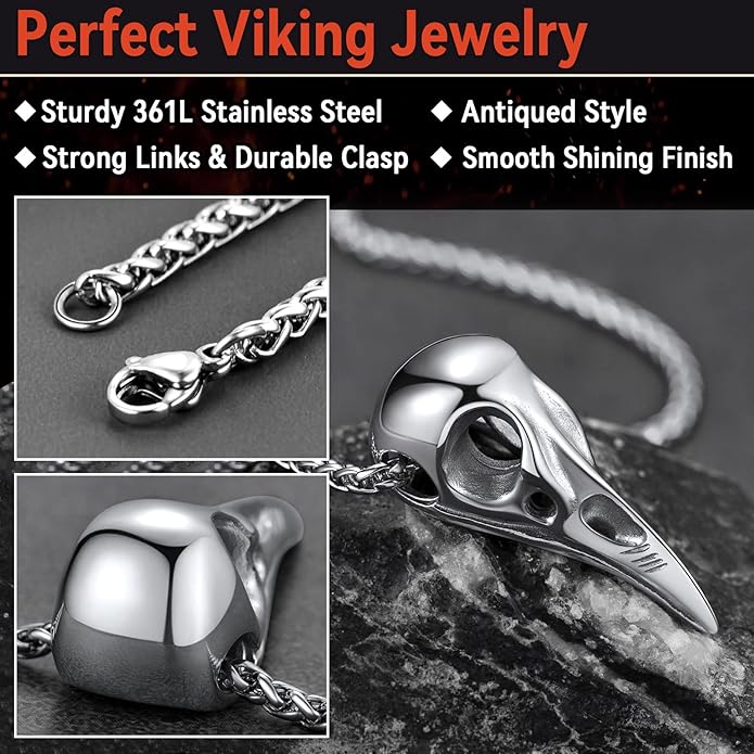 FaithHeart Viking Raven Necklace for Men, Norse Mythology Raven Skull Pendant Sturdy Stainless Steel Amulet Jewelry Gift for Men