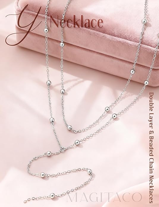 Magitaco Lariat Necklace for Women, 18K Gold Plated/Silver Color Dainty Long Necklaces for Women Layered Y-Necklace, Drop Beaded Sequined Chain for V-Neck, Elegant Wedding Guest Jewelry