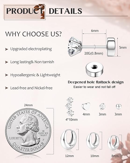 Hypoallergenic 14K Gold Plated Hoop Stud Earrings for Women Surgical Stainless Steel Flat Back Earrings Lightweight Small Chunky Huggie Hoops Cartilage Earring Stacks for Multiple Piercing Women Gifts