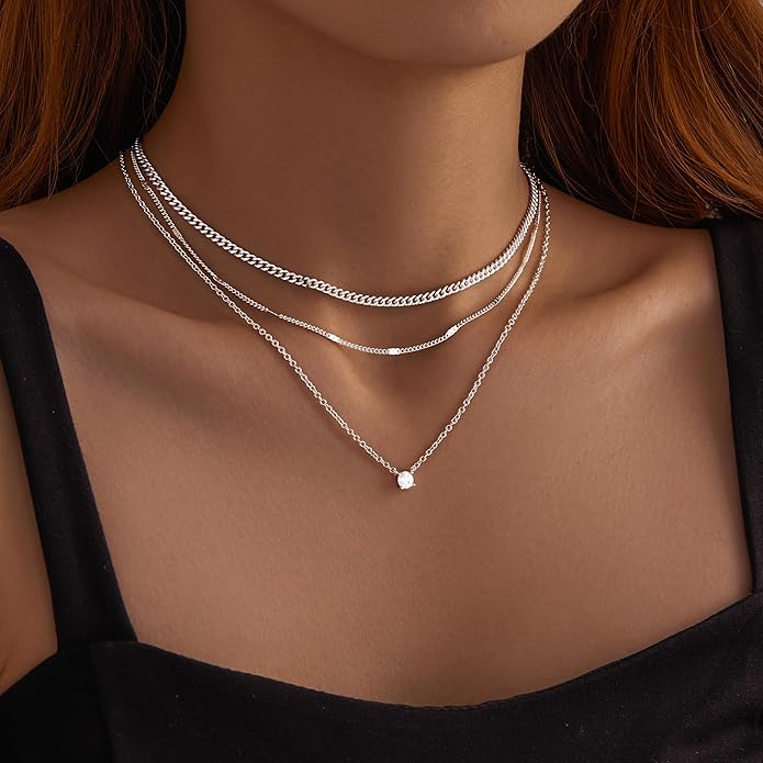 WomenGifts Layered Gold Necklaces for Women, 14K Gold Sterling Silver Plated Dainty Pendant Necklace Set with Cubic Zirconia Circle, Chunky Stackable Cuban Chain Choker, Trendy Personalized Birthstone Jewelry Gift Non Tarnish