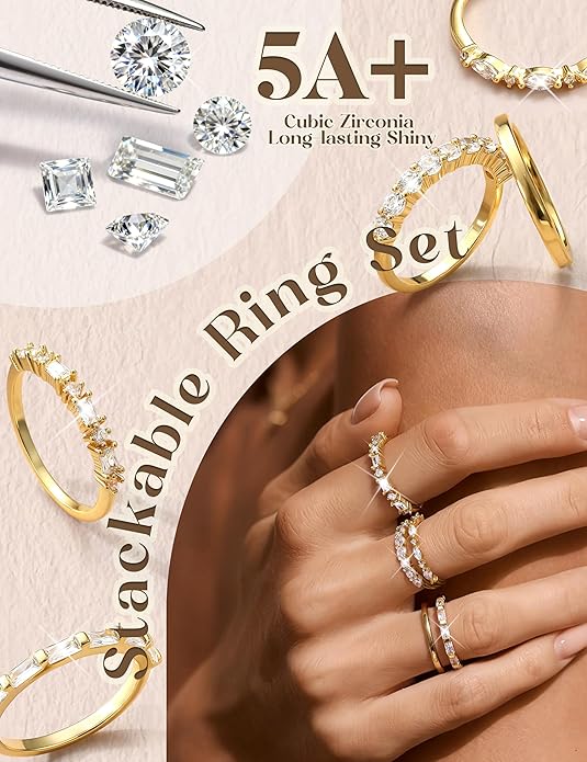 FUNRUN JEWELRY 14K Gold Plated Rings for Women Non Tarnish Stackable Rings Dainty Cubic Zirconia Band Pinky Thumb Knuckle Ring Set Trendy Statement Promise Wedding Thin Stacking Ring Size 5-10 5PCS