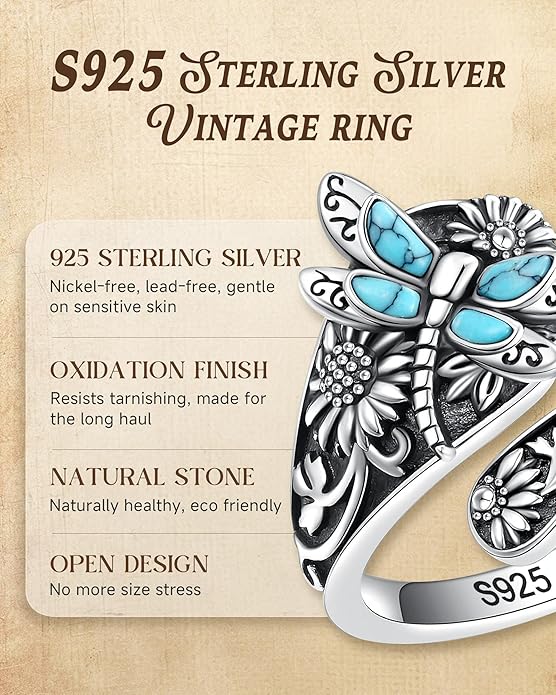S925-Sterling-Silver Abalone Dragonfly-Turquoise Spoon Ring - Vintage Boho Sunflower Thumb Oxidized Wrap Rings Victorian Style Antique Floral Jewelry Gifts for Women