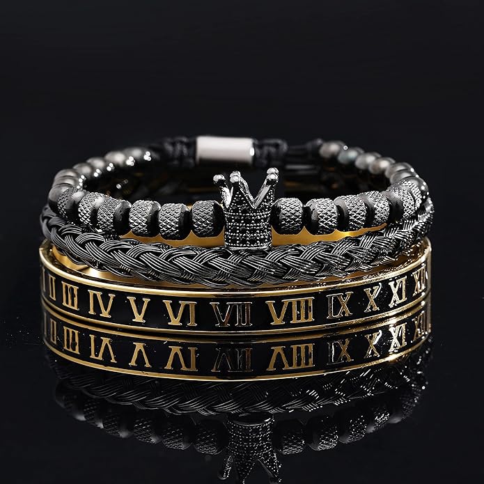 WFYOU 3PCS Stainless Steel Bracelets for Men Gold Roman Numeral Bangle Bracelet Twisted Cable Bracelet Adjustable Cuff Bracelet Mens Luxury Jewelry Bracelets Gifts