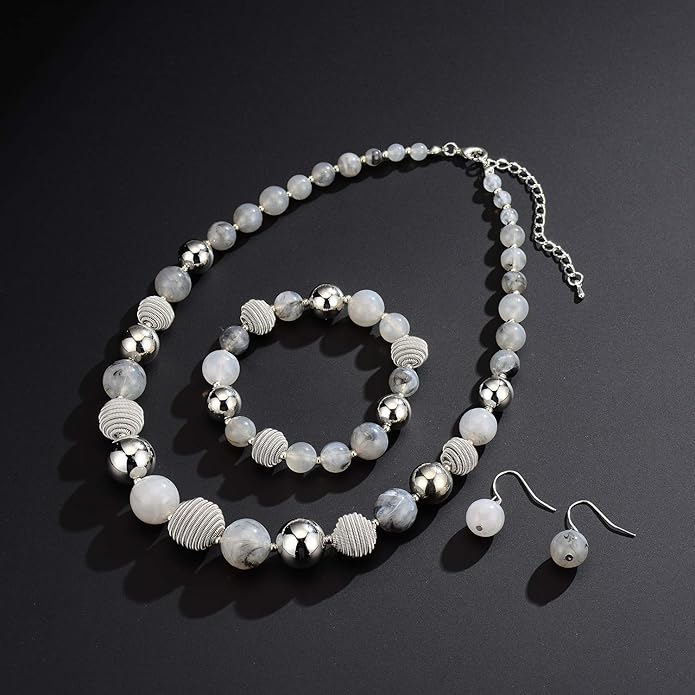 PEARL&CLUB Beaded Chunky Statement Necklace Earring and Bracelet Set Silver Metal Bead Fashion Jewelry Set Mothers’ Day Gifts for Women