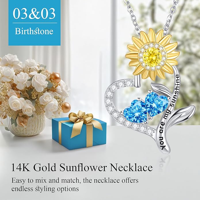 PERJI Valentine's Day Gifts for Women - 925 Sterling Silver Double Birthstone Sunflower Necklace, Anniversary Birthday Jewelry You are My Sunshine Gifts for Wife Couple Girlfriend 18"+2" Non Tarnish