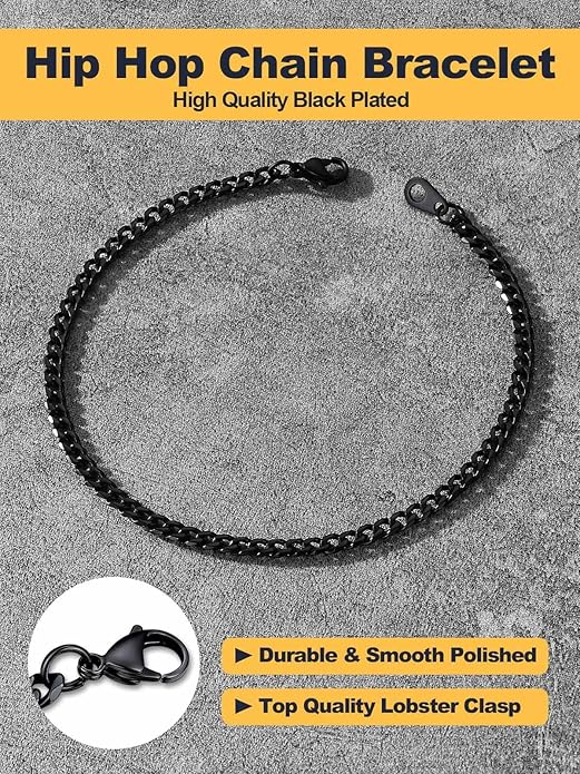 U7 Link Bracelets for Men, Cuban Link/Rope/Watch Band Solid Bracelet, Silver Black Gold Color Wrist Bracelet 3/6/9/12/15mm Width, 6.5/7.5/8.3 Inch Length, Hand Chain Jewelry for Mens Women