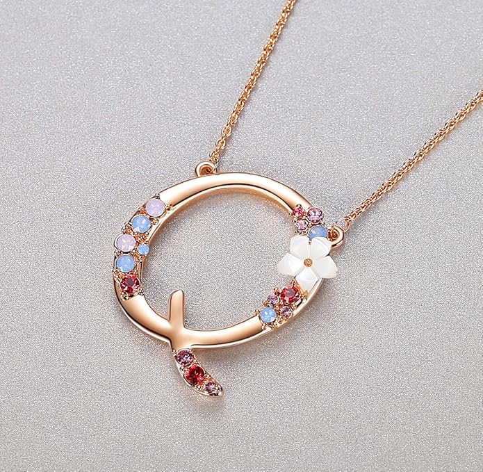 Flower Initial Letter Necklace Pink Red Blue Simulated Pearl Pendant Name Jewelry Made with Austrian Crystals Rose Gold Plated Anniversary Birthday Gifts for Women,18"+2"