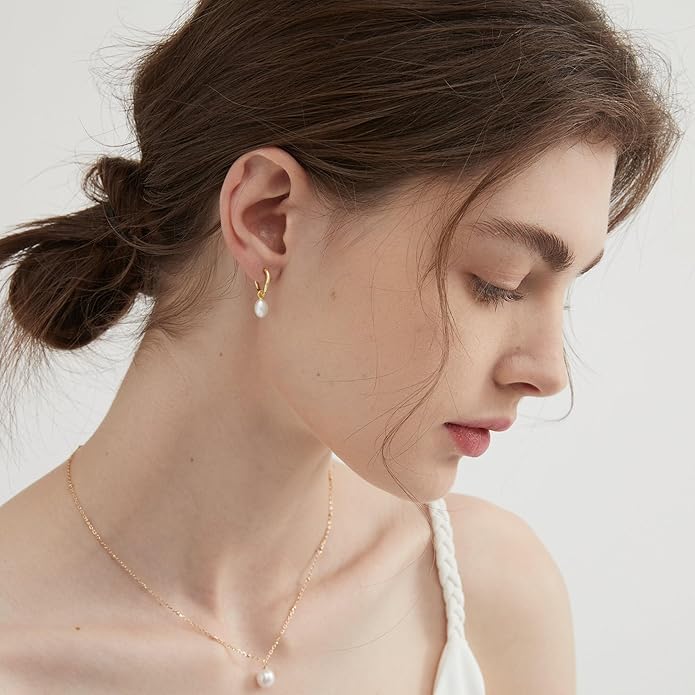 14K Gold Plated Pearl Dangle Earrings for Women, Small Pearl Drop Huggie Hoop Earrings, Hypoallergenic Dainty Gold Wedding Earrings Jewelry Gifts for Women Trendy