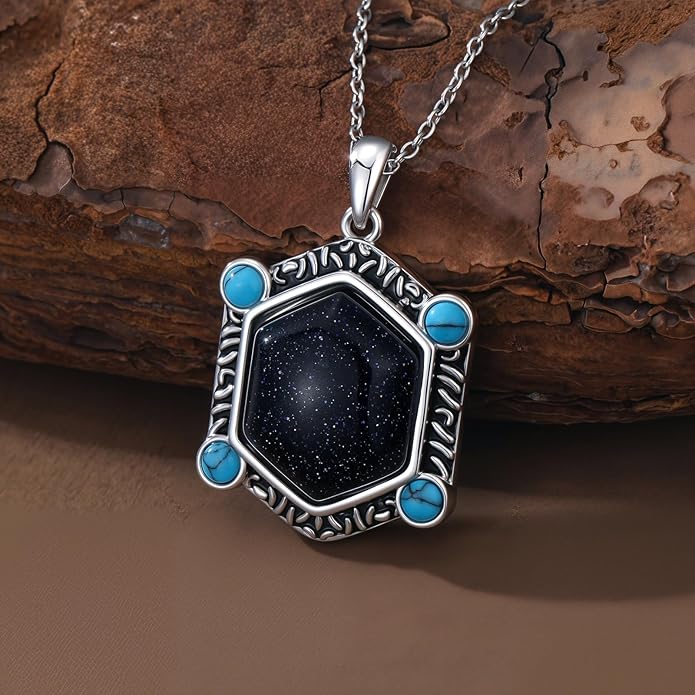 Unisex Vintage Bohemian Necklace Hexagon Blue Sandstone Pendant Necklace with Turquoise, 18+2" Adjustable Western Chain for Men and Women